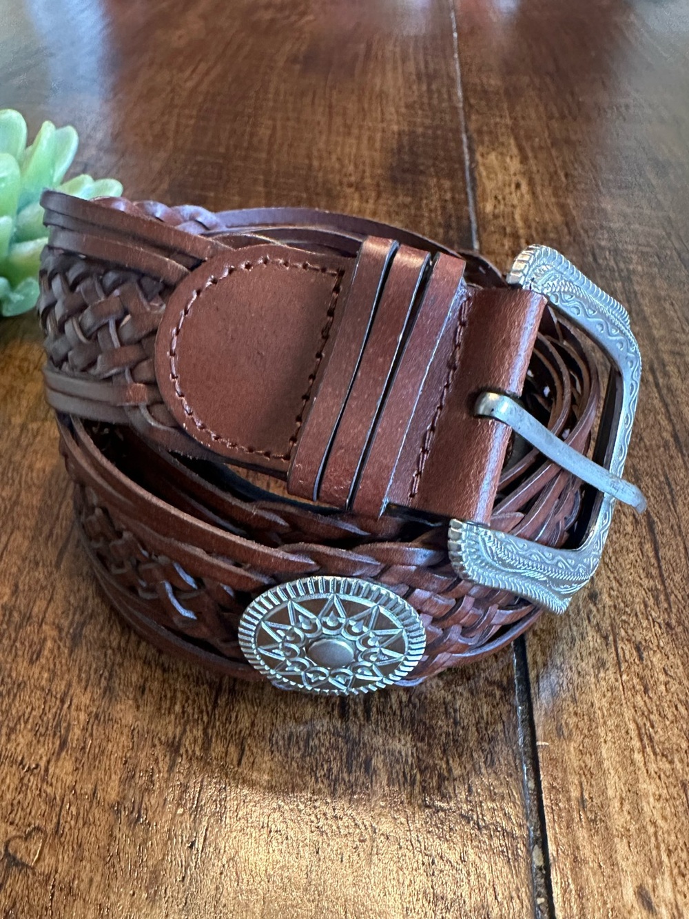 Western Brown Braided Leather Concho Belt Silver Metal Ornate Buckle, Size XL